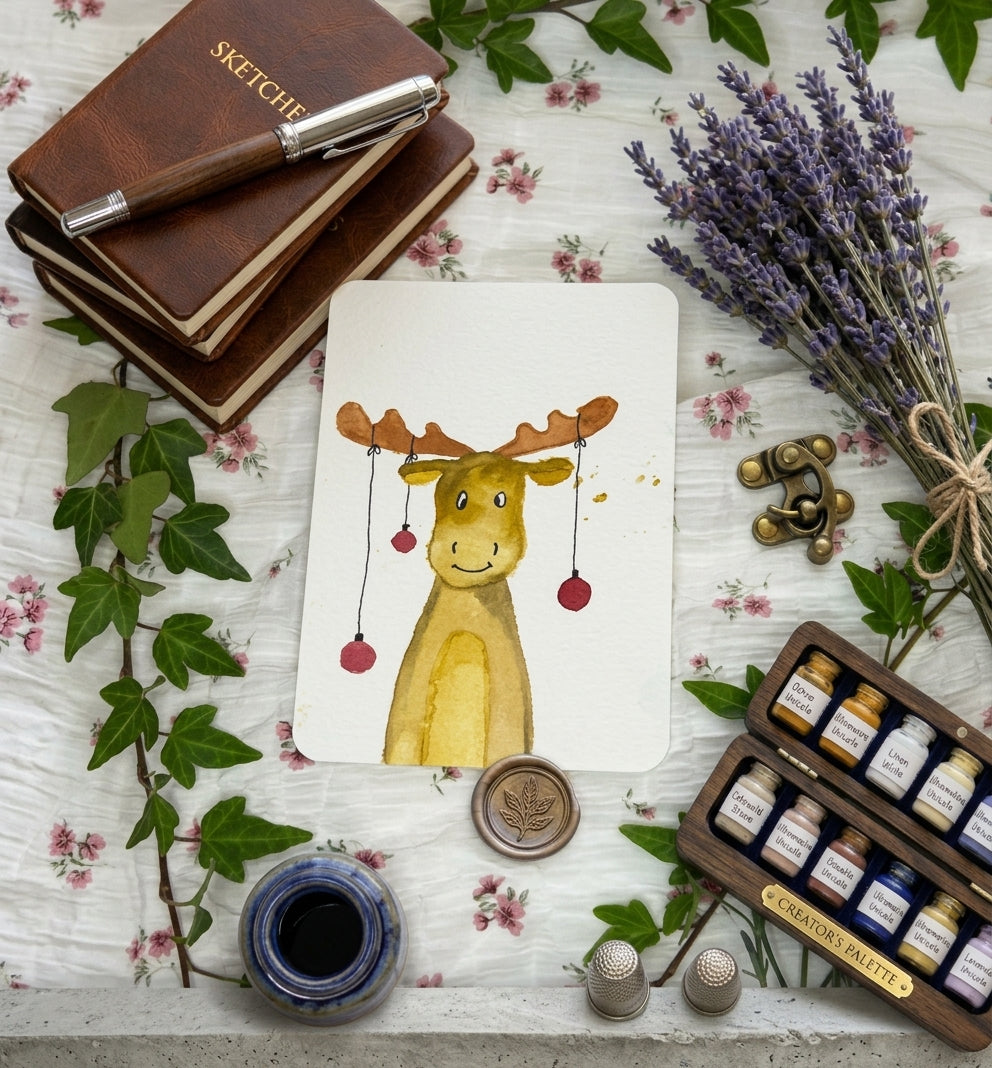 Festive Moose Holiday Watercolor Painting | Original Wall Art