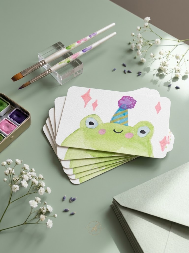 Party Frog Watercolor Painting | Cute Animal Art Card