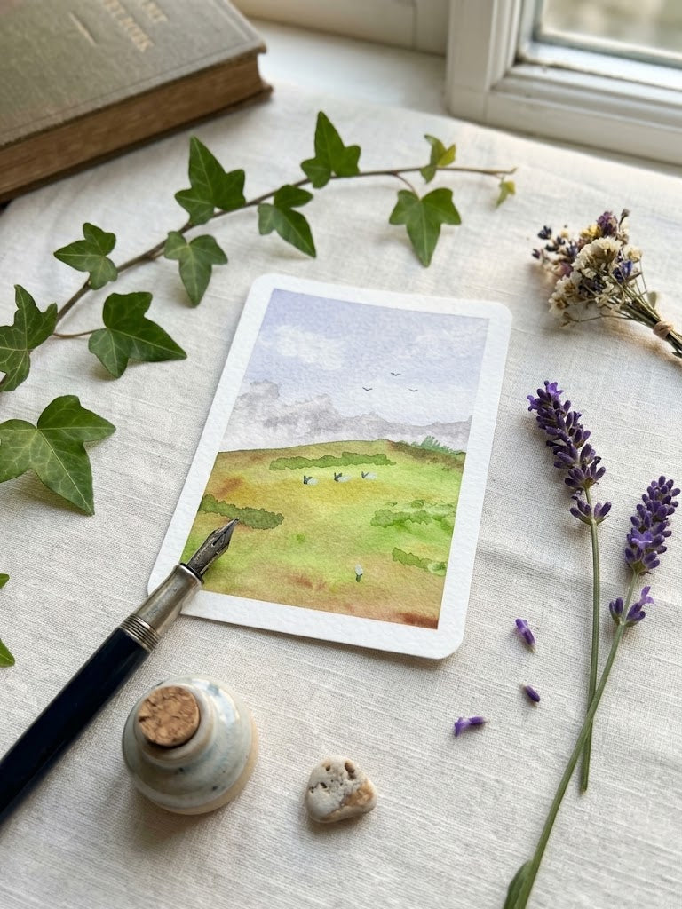 Pastoral Meadow Countryside Watercolor Painting | Nature Art