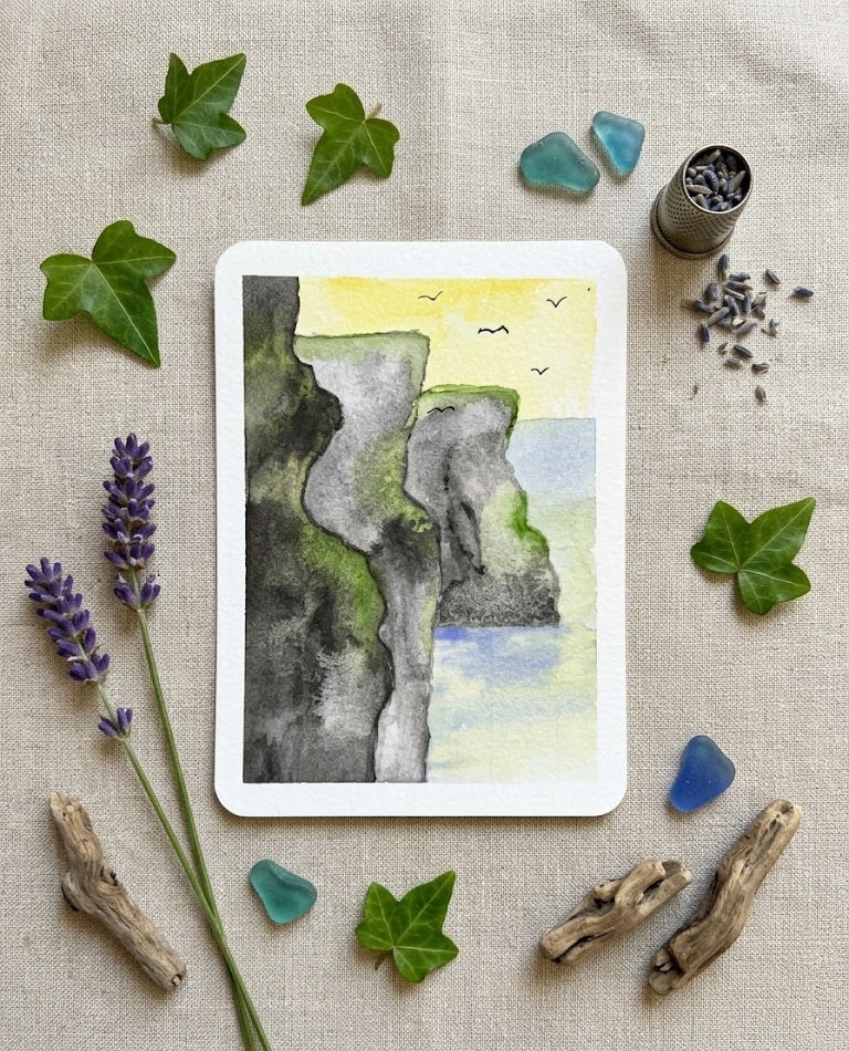 Coastal Cliff Watercolor Painting | Seascape Art