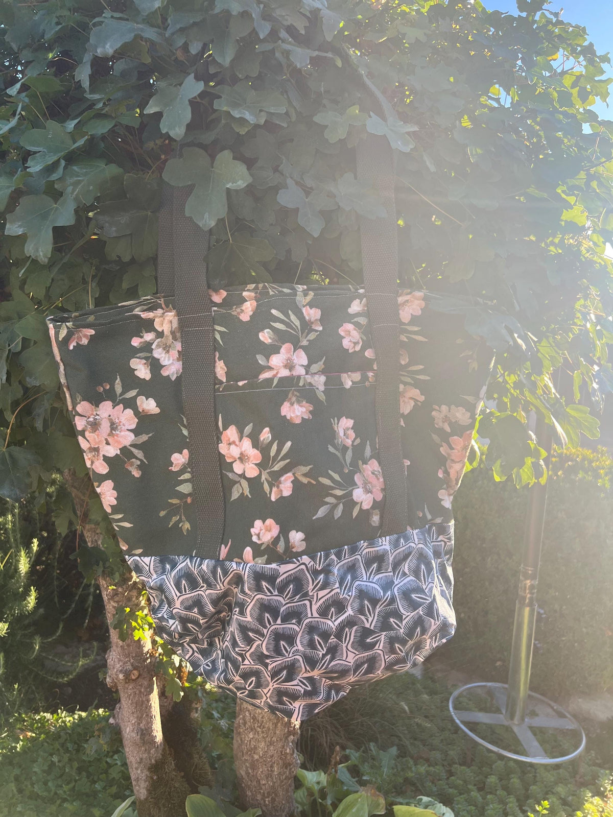 Handmade Dark Floral Tote Bag | Moody Botanical Beach Bag, Black Floral Patchwork Canvas Tote, Everyday Bag
