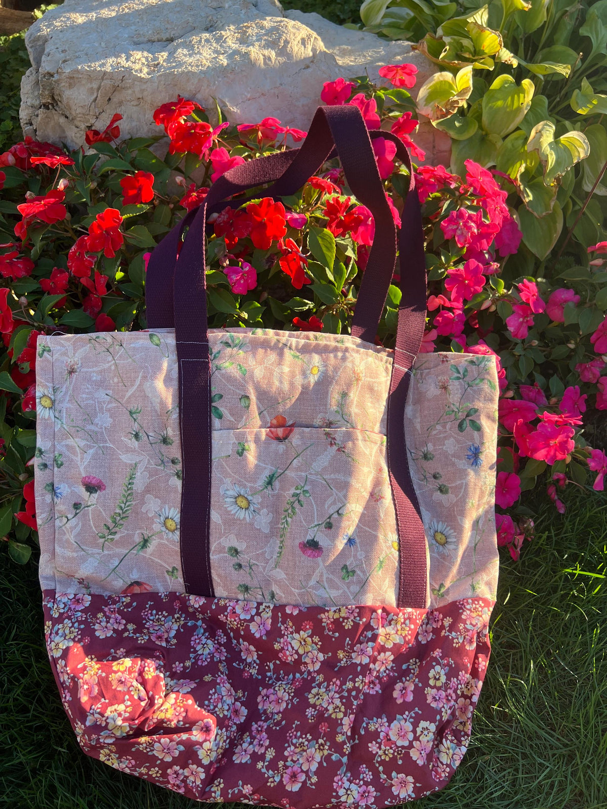 Handmade Floral Tote Bag | Boho Beach Bag, Cottagecore Patchwork Canvas Tote, Large Reusable Gift Bag
