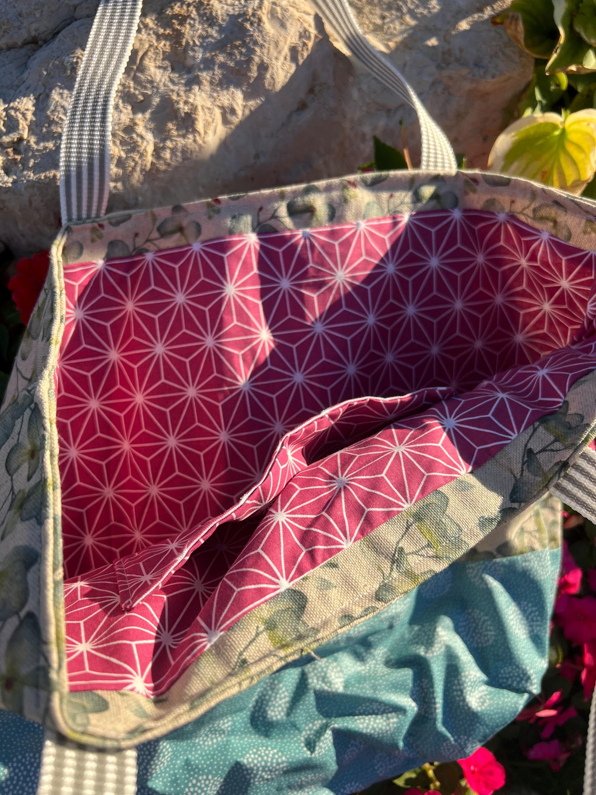 Handmade Eucalyptus Leaf Tote Bag | Sage Green Beach Bag, Botanical Patchwork Canvas Tote, Everyday Bag