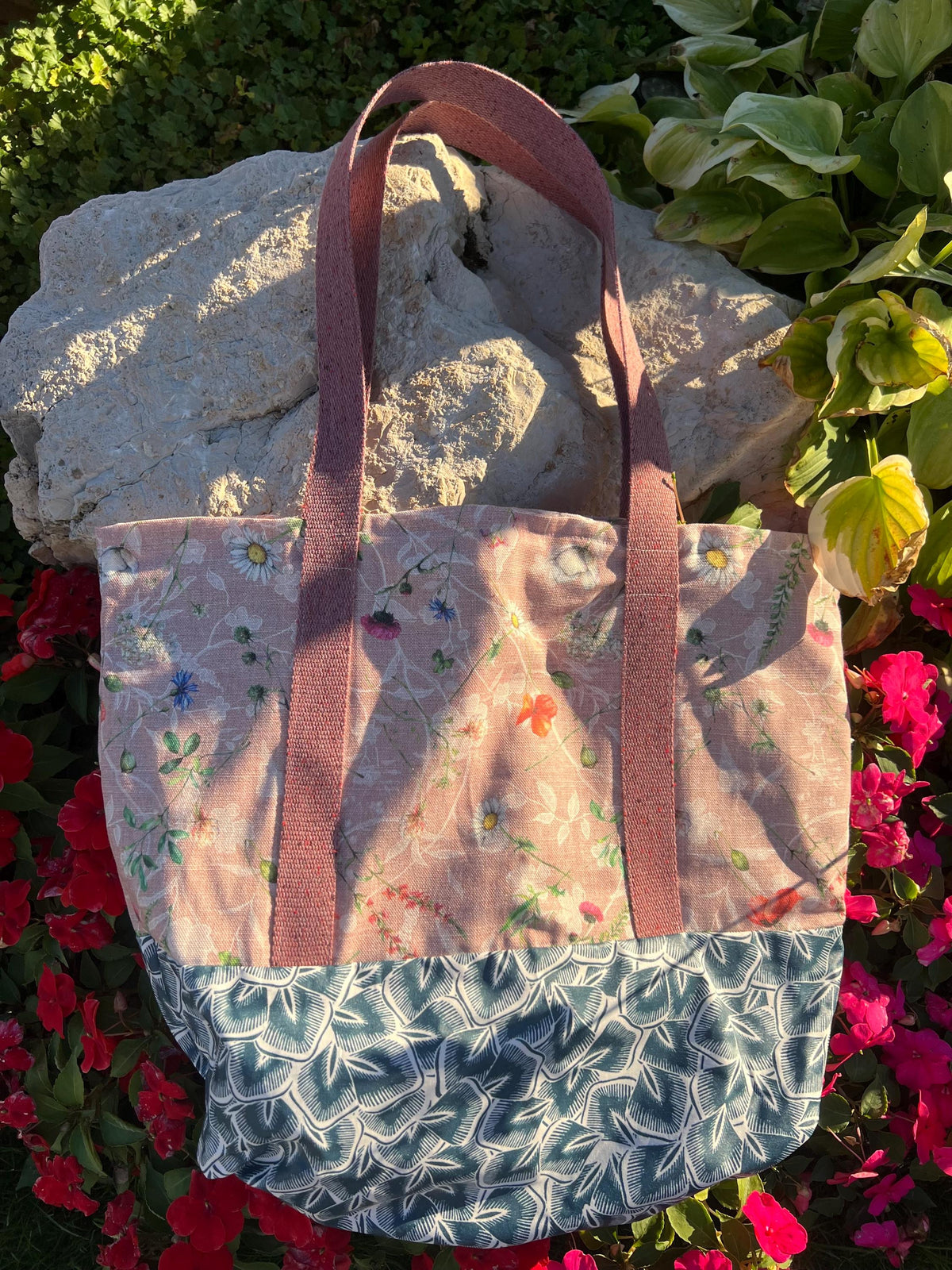 Handmade Meadow Floral Tote Bag | Daisy Print Beach Bag, Pink Botanical Patchwork Canvas Tote, Everyday Bag