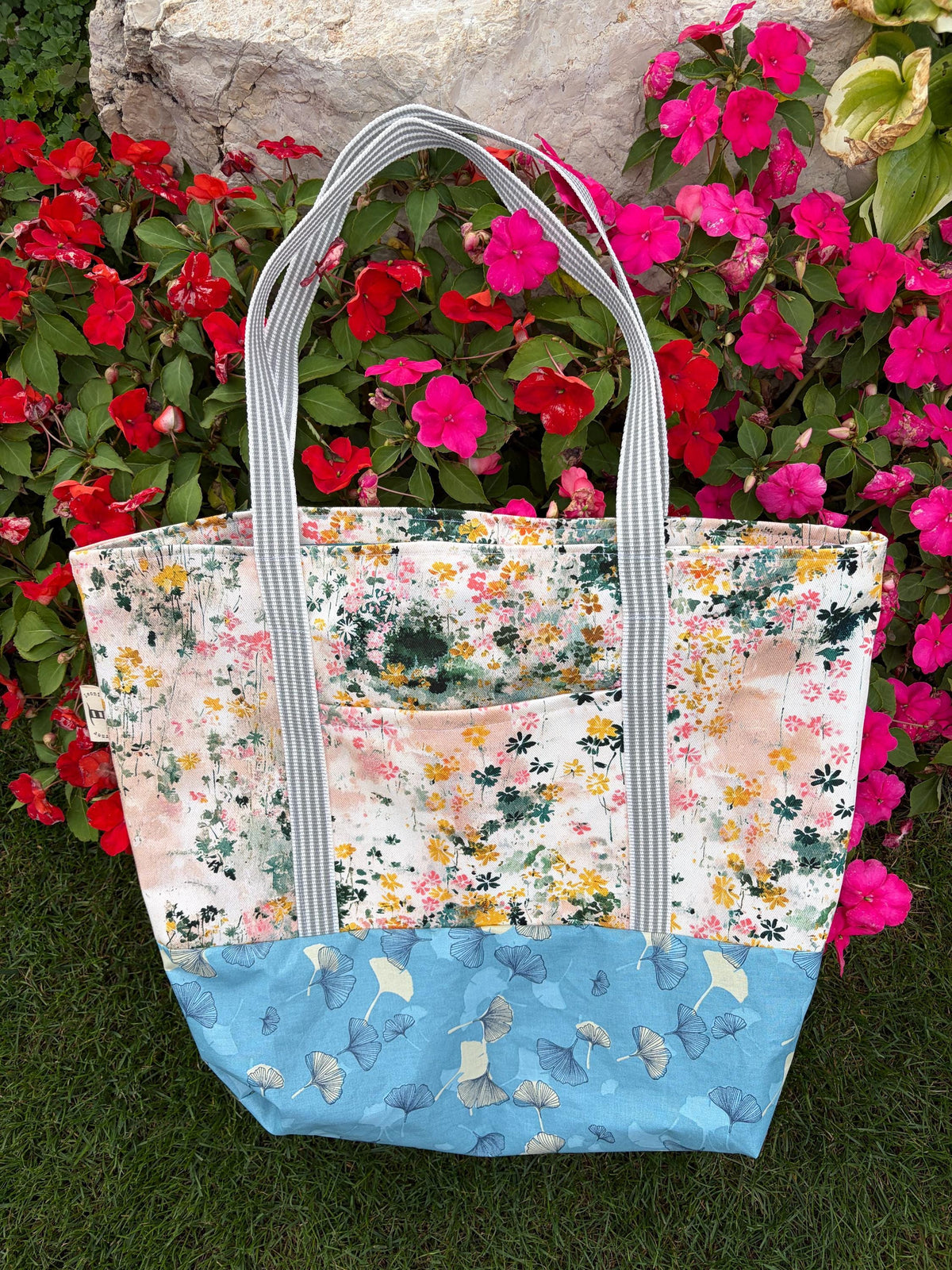 Handmade Ginkgo Floral Tote Bag | Boho Beach Bag, Botanical Patchwork Canvas Tote, Large Everyday Bag