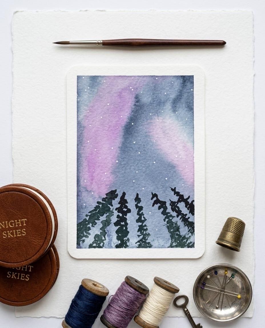 Original Northern Lights Watercolor Painting | Mini Aurora Unique, Celestial Night Sky Art, Dreamy Gift Idea