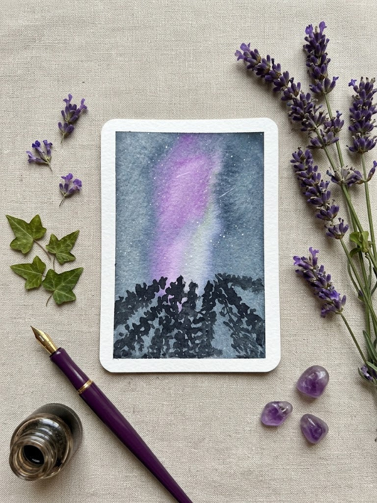 Northern Lights Watercolor Painting | Cosmic Night Art