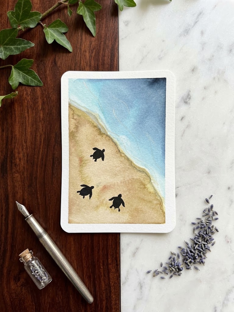 Sea Turtle Beach Watercolor Painting | Coastal Art