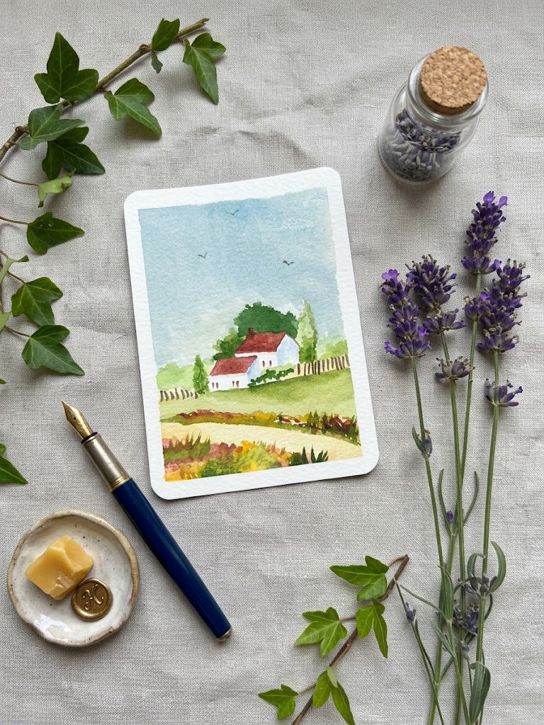 Country Cottage Watercolor Painting | Pastoral Art