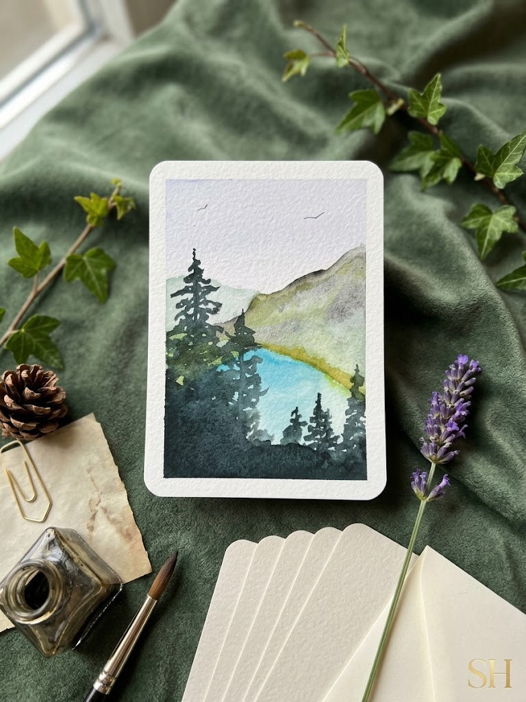 Alpine Lake Mountain Watercolor Painting | Nature Wall Art