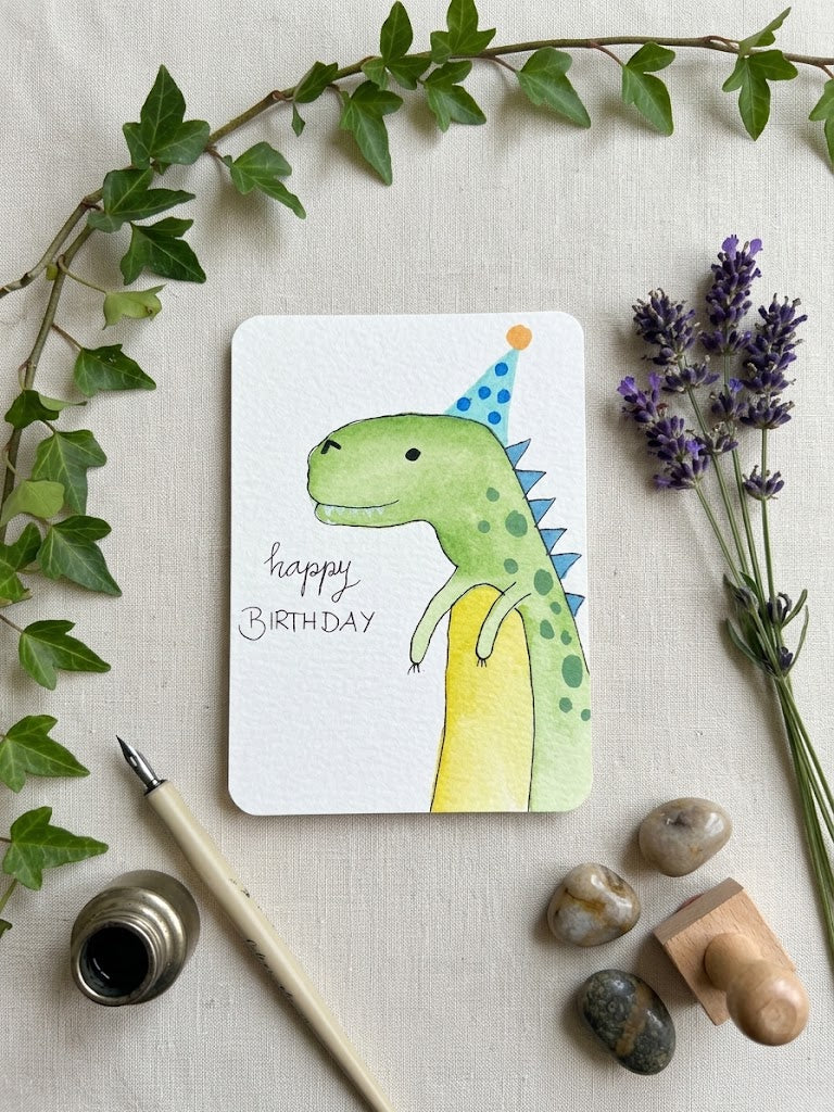 Dinosaur Birthday Watercolor Card | Kids Party Art