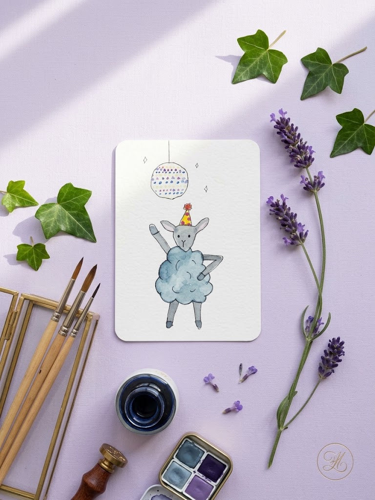 Disco Sheep Whimsical Watercolor Painting | Party Wall Art