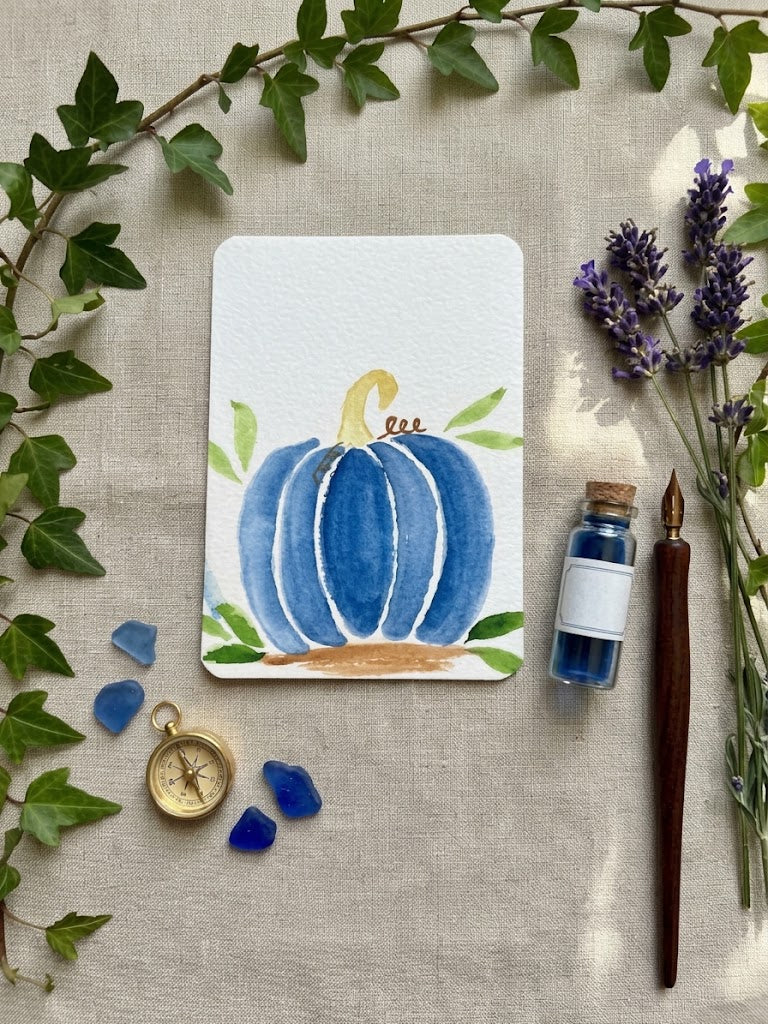 Blue Pumpkin Watercolor Painting | Autumn Harvest Art
