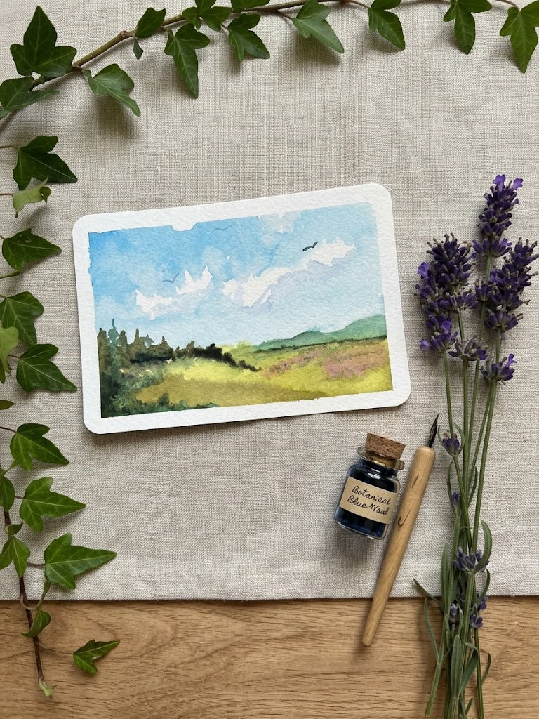 Horizontal Landscape Watercolor Painting | Countryside Art