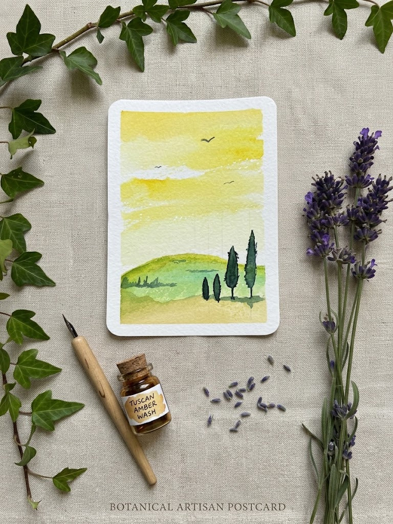 Tuscan Landscape Watercolor Painting | Cypress Tree Art