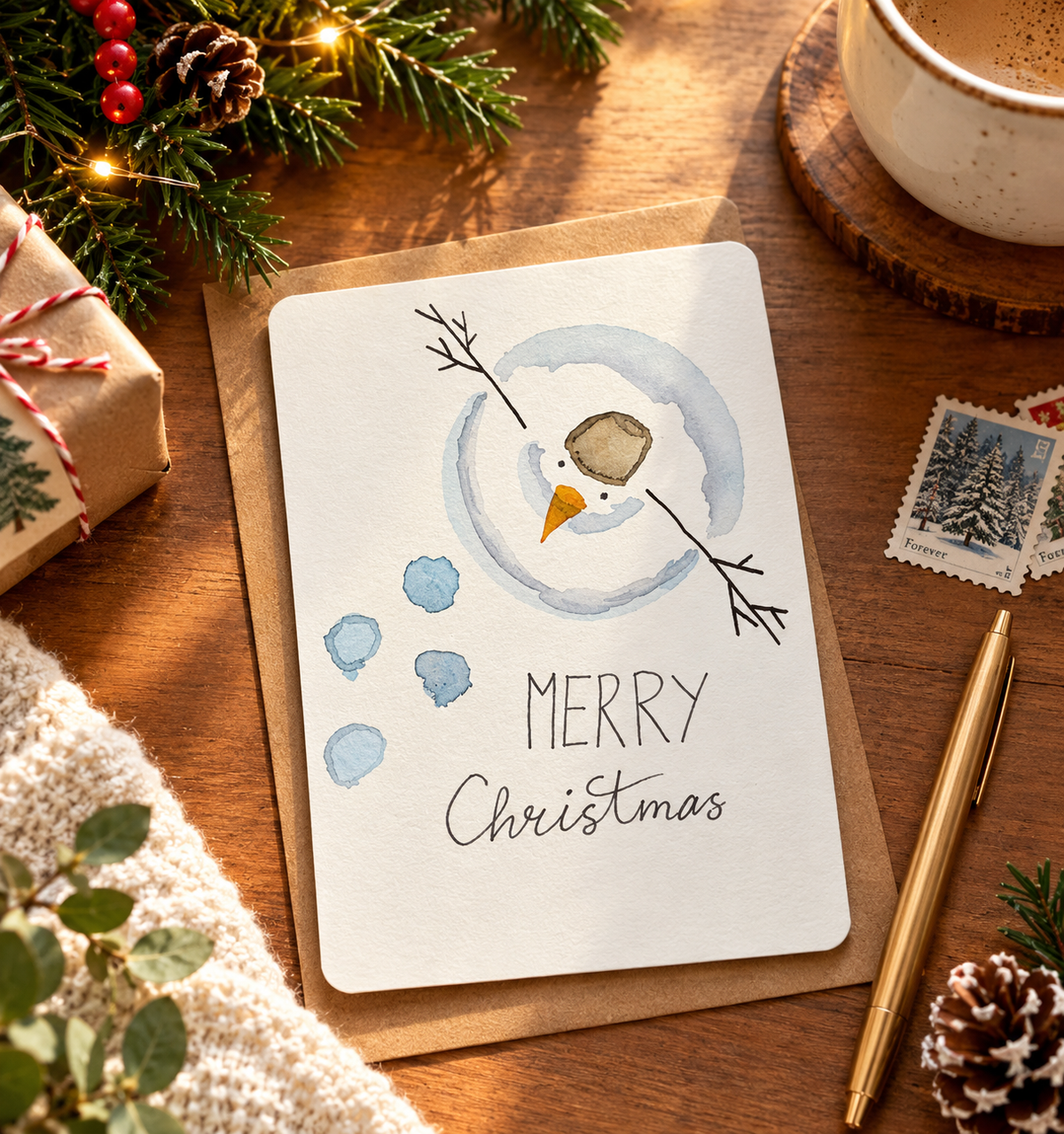 Merry Christmas Snowman Watercolor Art | Holiday Card
