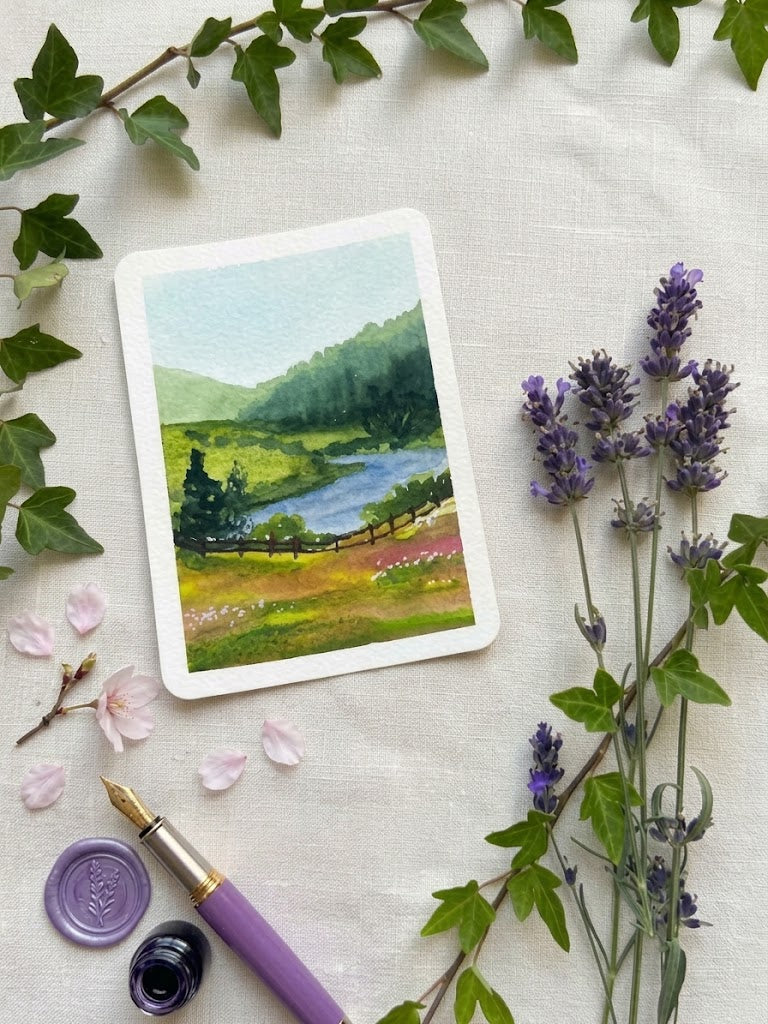 River Valley Countryside Watercolor Painting | Nature Art