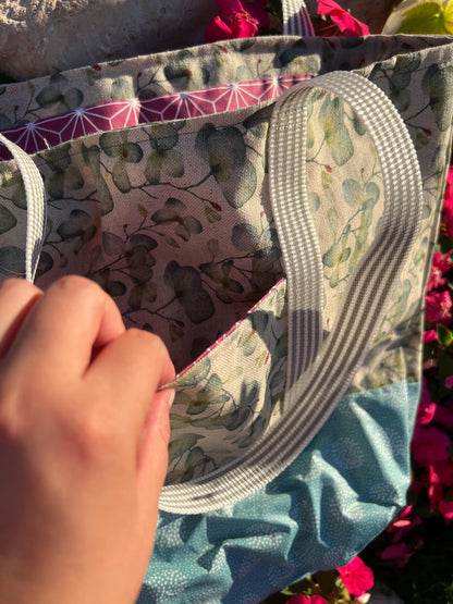 Handmade Eucalyptus Leaf Tote Bag | Sage Green Beach Bag, Botanical Patchwork Canvas Tote, Everyday Bag