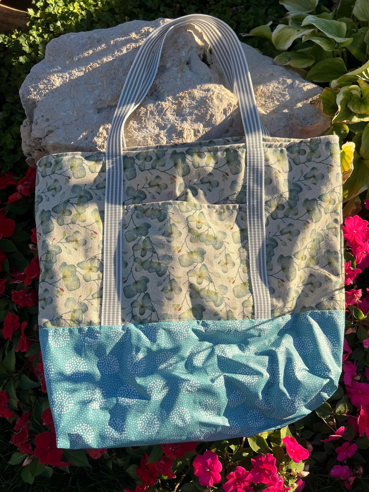 Handmade Eucalyptus Leaf Tote Bag | Sage Green Beach Bag, Botanical Patchwork Canvas Tote, Everyday Bag