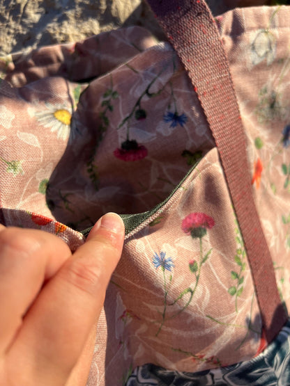 Handmade Meadow Floral Tote Bag | Daisy Print Beach Bag, Pink Botanical Patchwork Canvas Tote, Everyday Bag