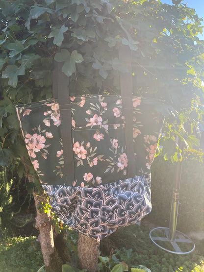 Handmade Dark Floral Tote Bag | Moody Botanical Beach Bag, Black Floral Patchwork Canvas Tote, Everyday Bag