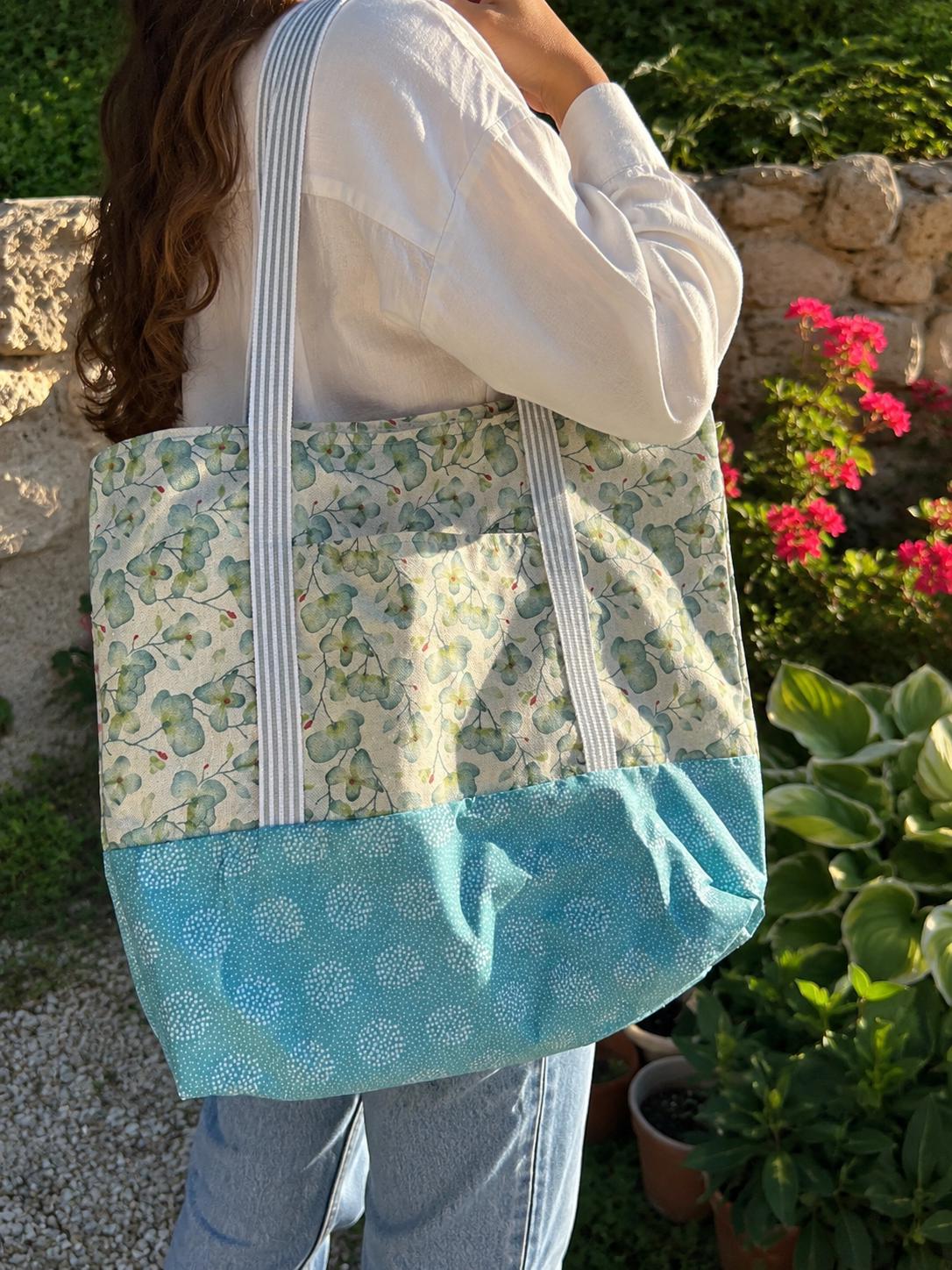 Handmade Eucalyptus Leaf Tote Bag | Sage Green Beach Bag, Botanical Patchwork Canvas Tote, Everyday Bag