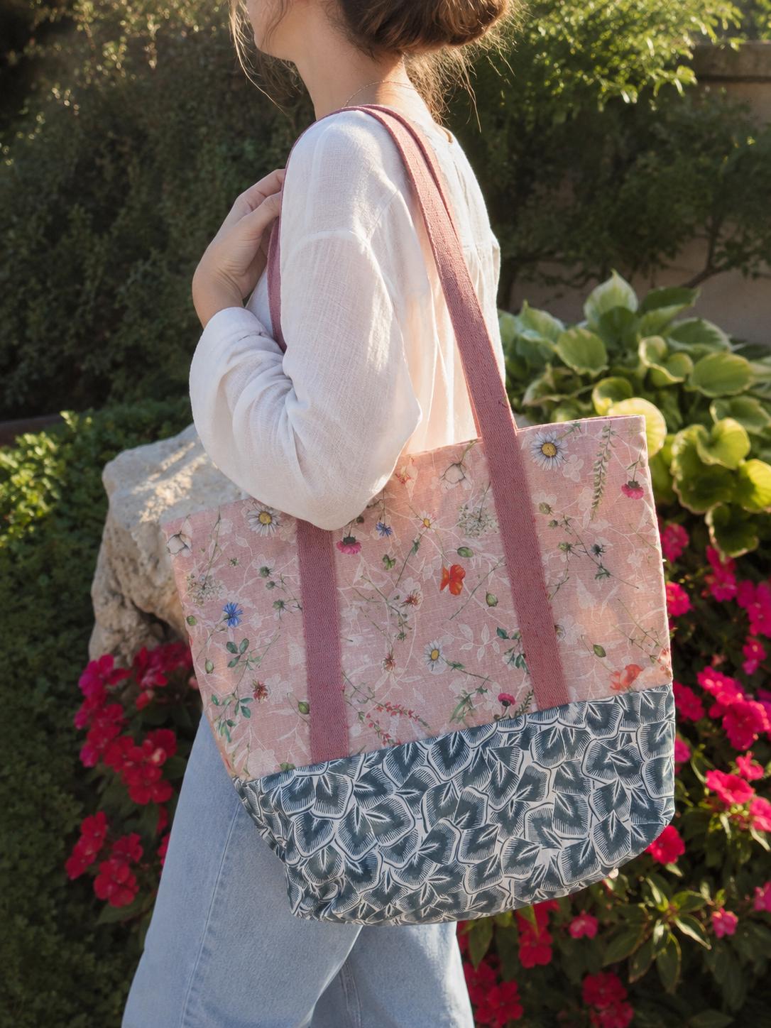 Handmade Meadow Floral Tote Bag | Daisy Print Beach Bag, Pink Botanical Patchwork Canvas Tote, Everyday Bag