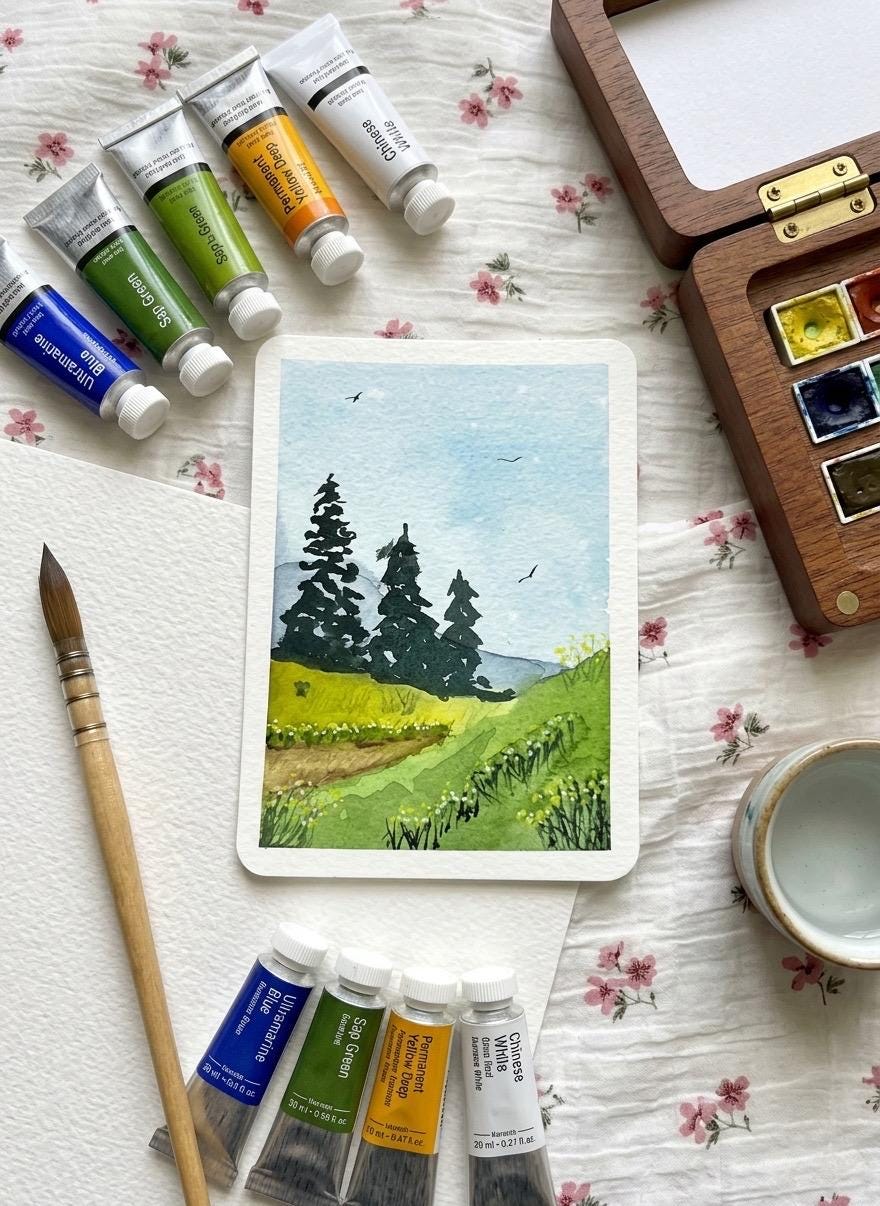 Original Pine Tree Watercolor Painting | Mini Forest Landscape Unique, Miniature Nature Wall Art, Small Thoughtful Gift for Art Lover