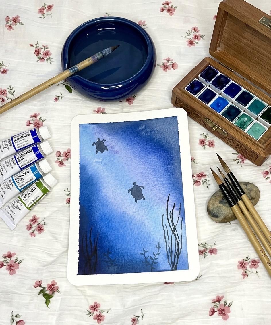 Original Sea Turtle Watercolor Painting | Mini Ocean Unique, Deep Blue Underwater Art, Gift for Turtle Lover