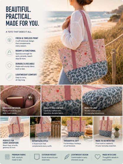 Handmade Meadow Floral Tote Bag | Daisy Print Beach Bag, Pink Botanical Patchwork Canvas Tote, Everyday Bag