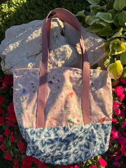 Handmade Meadow Floral Tote Bag | Daisy Print Beach Bag, Pink Botanical Patchwork Canvas Tote, Everyday Bag