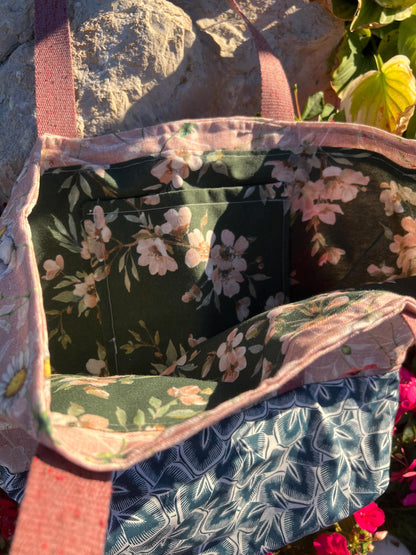 Handmade Meadow Floral Tote Bag | Daisy Print Beach Bag, Pink Botanical Patchwork Canvas Tote, Everyday Bag