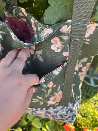 Handmade Dark Floral Tote Bag | Moody Botanical Beach Bag, Black Floral Patchwork Canvas Tote, Everyday Bag