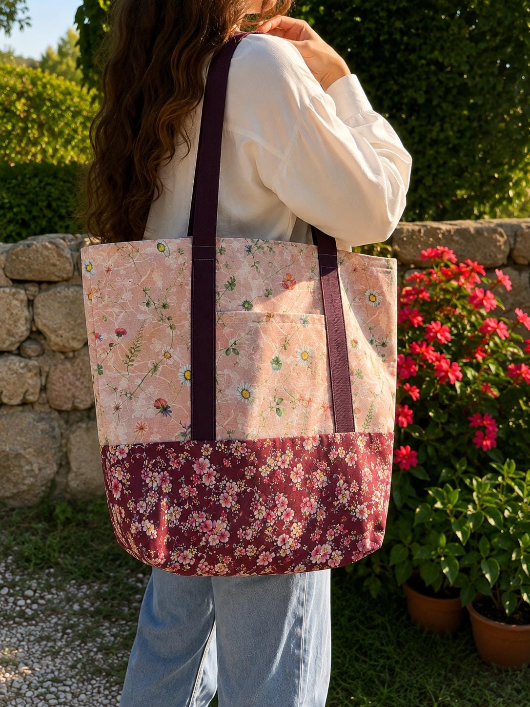 Handmade Floral Tote Bag | Boho Beach Bag, Cottagecore Patchwork Canvas Tote, Large Reusable Gift Bag