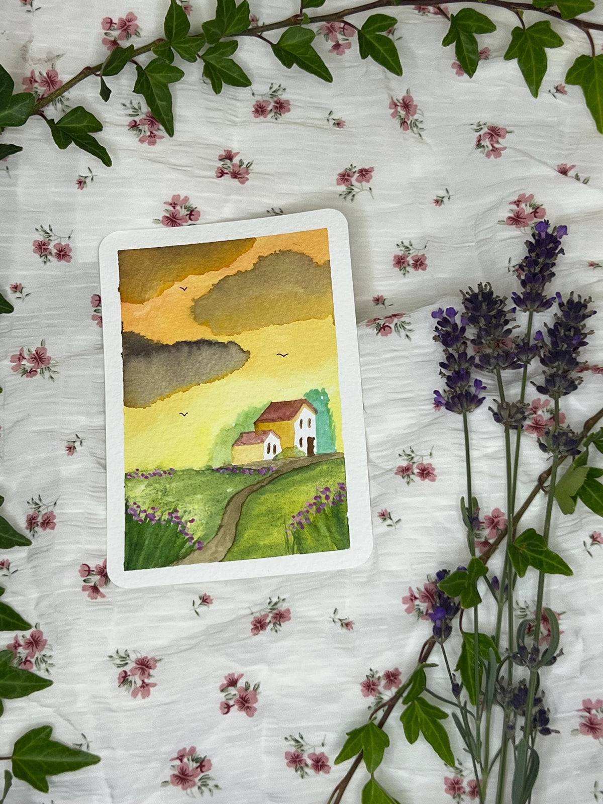 Original Farmhouse Watercolor Painting | Mini Golden Hour Unique, Cottagecore Countryside Art, Cozy Gift Idea