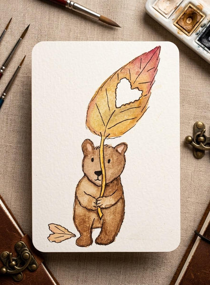 Original Teddy Bear Watercolor Painting | Cute Autumn Woodland Unique, Whimsical Animal Illustration, Romantic Heart Leaf Gift for Her