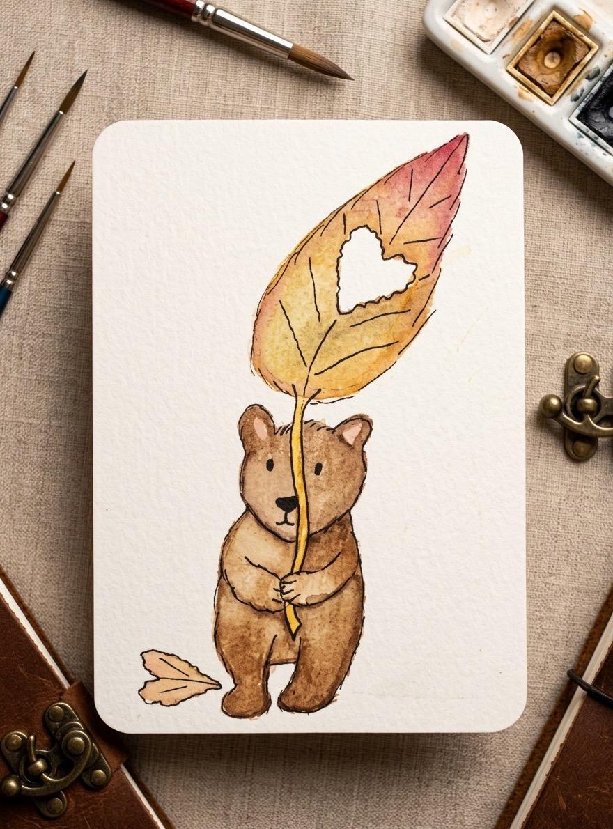 Original Teddy Bear Watercolor Painting | Cute Autumn Woodland Unique, Whimsical Animal Illustration, Romantic Heart Leaf Gift for Her