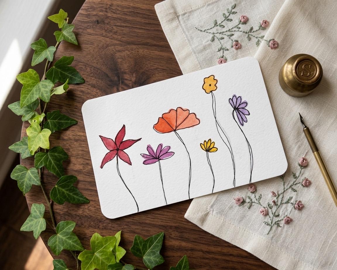 Original Wildflower Watercolor Painting | Mini Botanical Unique, Minimalist Line Art Flowers, Floral Gift for Her