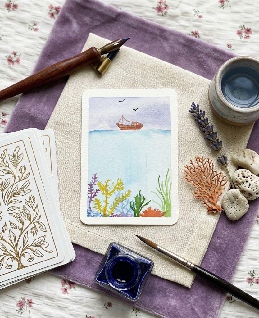 Original Ocean Watercolor Painting | Mini Sea Life Unique, Underwater Coral Reef Art, Miniature Boat Nautical Gift for Beach Lover