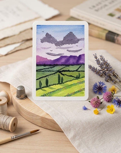 Original Countryside Watercolor Painting | Mini Tuscan Landscape Unique, Vineyard Hills Art, Travel Gift Idea